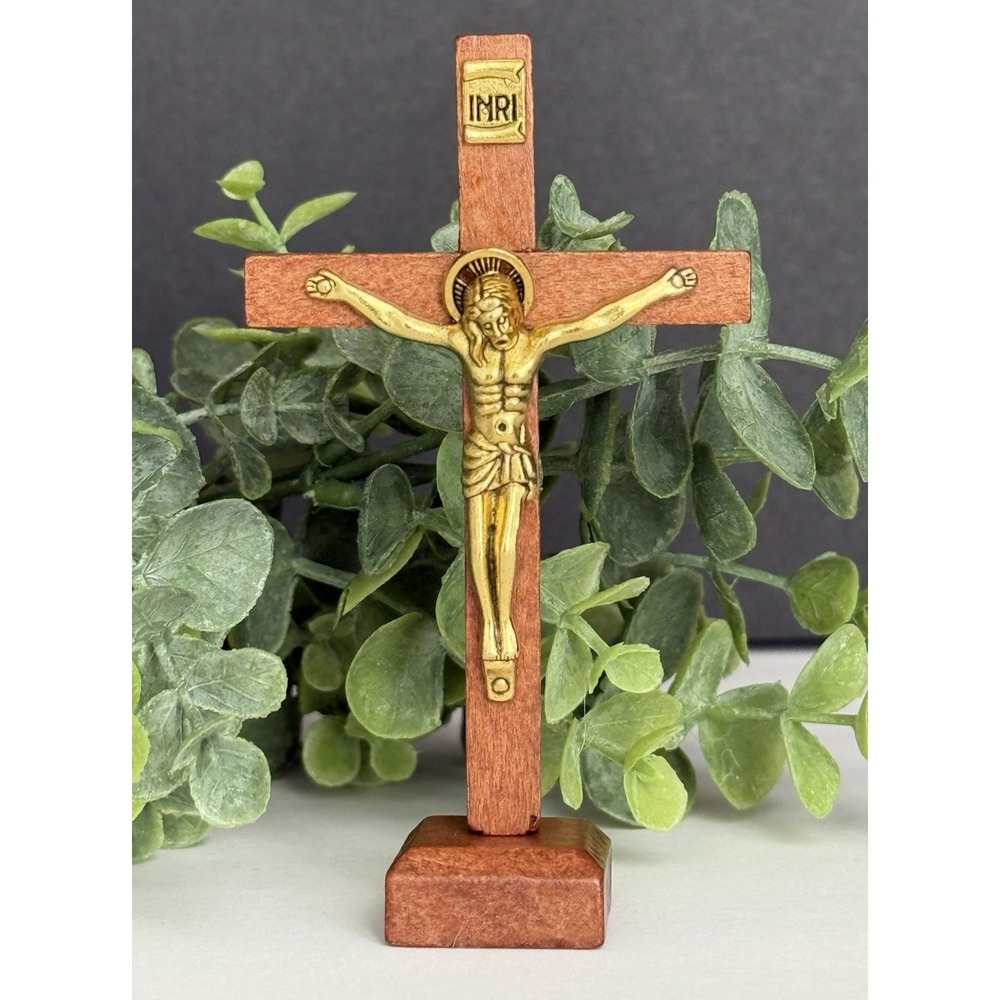Wooden Crucifix Brass Jesus INRI 4" Free Standing Cross Holy Religious
